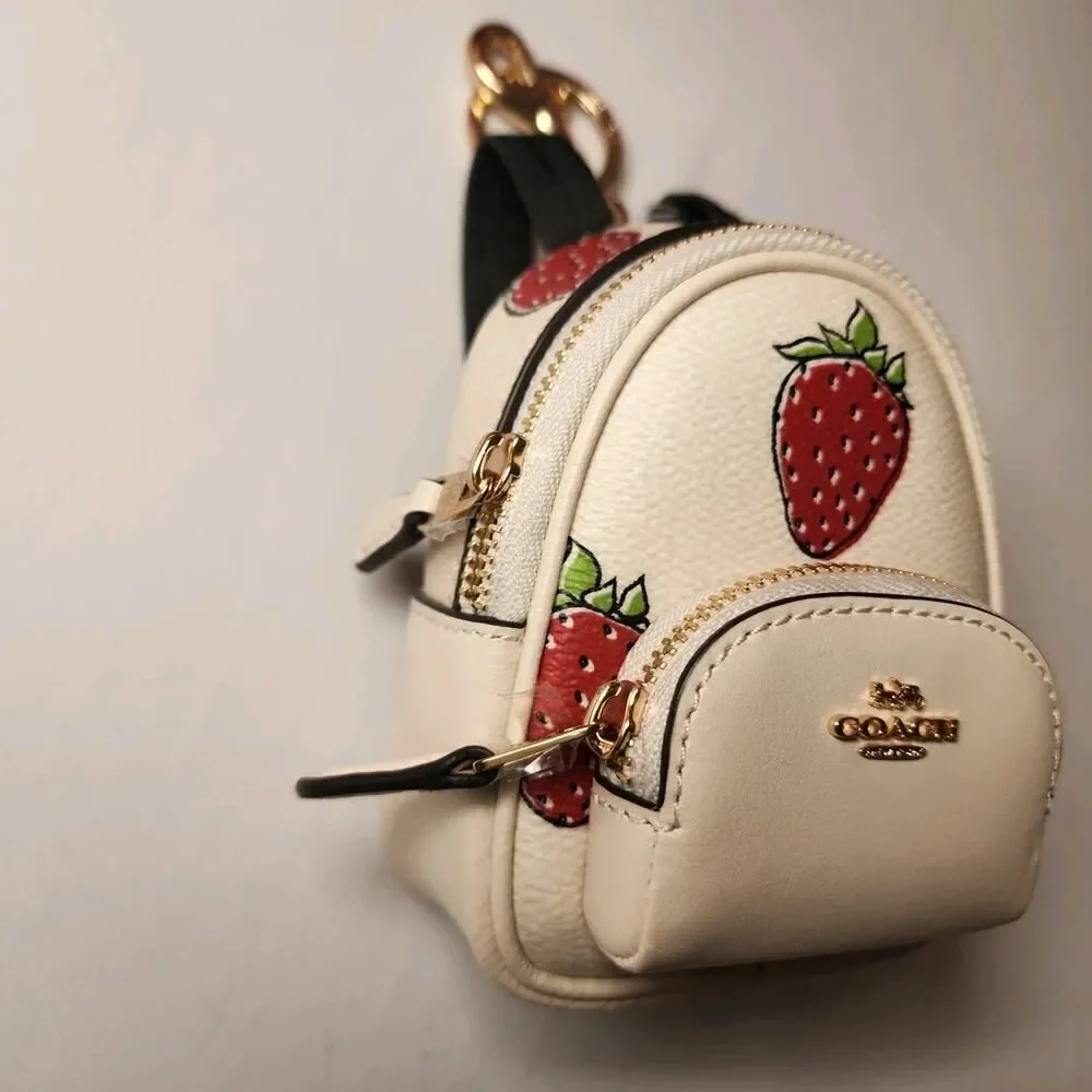 NWT Coach CAO93 Mini Court Backpack Bag Charm with Strawberry Print